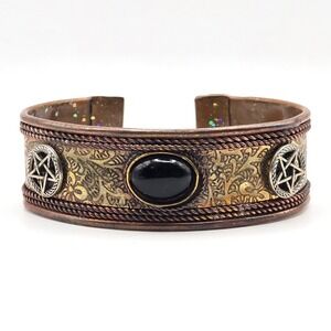 Mixed Metal Cuff Bracelet Copper Brass Black Tourmaline Pentacles Magnetic